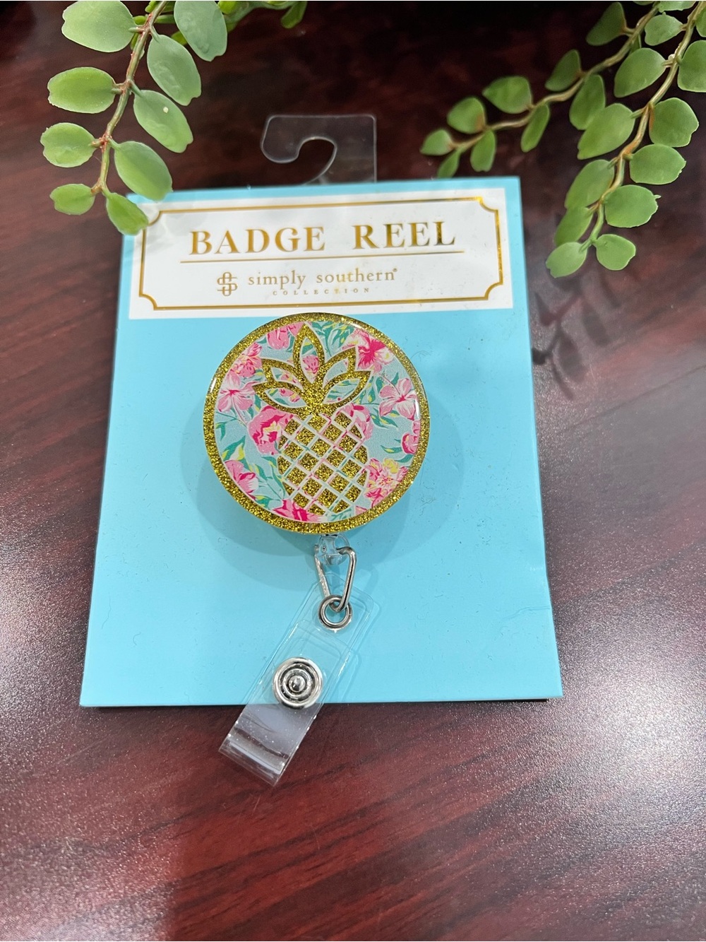 Simply Southern Pink & Aqua Floral Pineapple Badge Reel